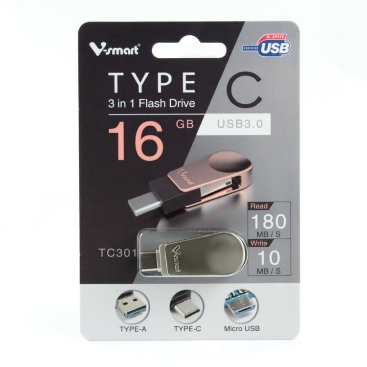 V－SMART TC301 三合一TYPE C OTG 隨身碟－16GB 霧銀