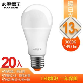 【太星電工】13W超節能LED燈泡/暖白光（20入）