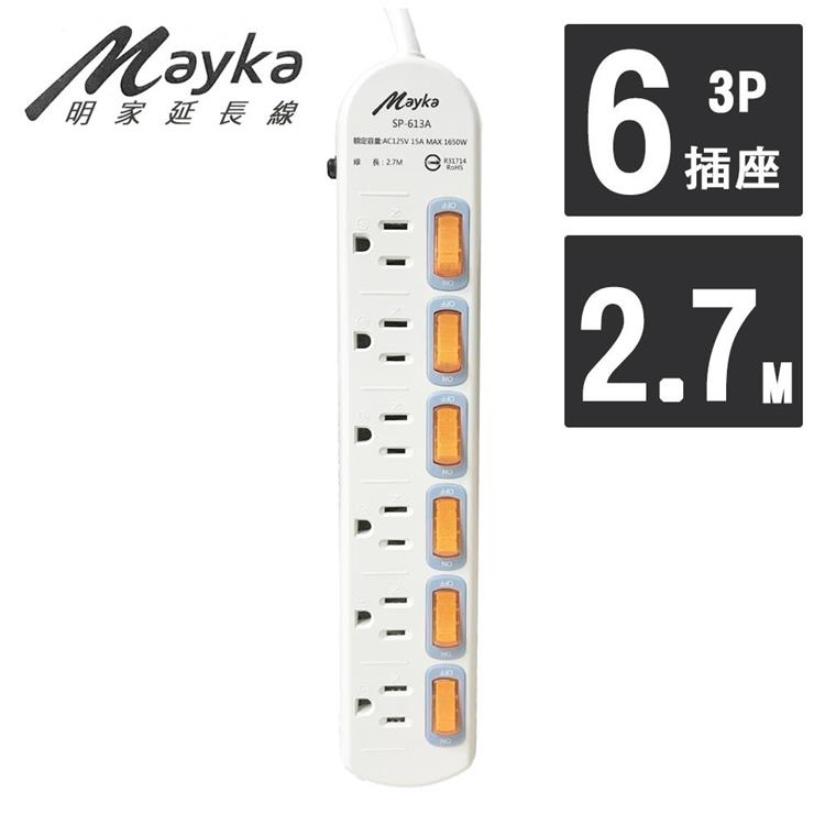 【Mayka明家】6開6插3P延長線 2.7M/9呎 （SP－613A－9）