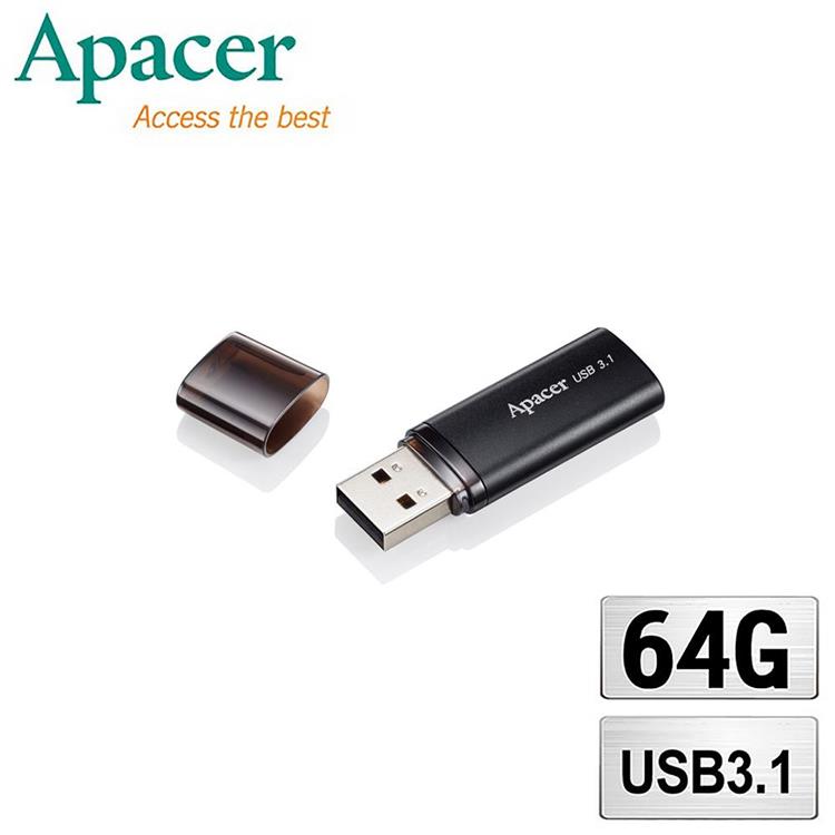 Apacer宇瞻 AH25B 時尚金屬 USB 3.1高速隨身碟－霧面黑 64GB