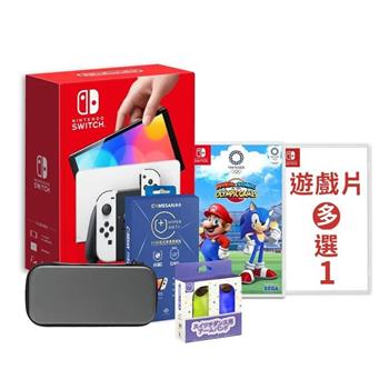 任天堂 Switch OLED白色主機＋《索尼克東京奧運＋腕帶》＋《遊戲選一＋主機包＋抗藍光保護貼》