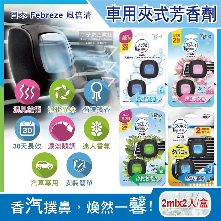 日本Febreze風倍清-汽車空調出風口專用W消臭香氛夾式空氣芳香劑2mlx2入/盒(濃淡可調30天長效) - 柔和皂香(淺藍)
