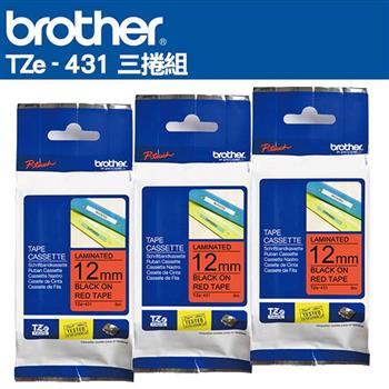 Brother TZe-431 護貝標籤帶 ( 12mm 紅底黑字 )-3卷/組