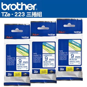 Brother TZe-223 護貝標籤帶 ( 9mm 白底藍字 )-3卷/組