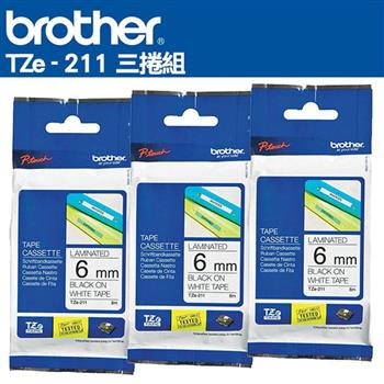 Brother TZe-211 護貝標籤帶 ( 6mm 白底黑字 )-3卷/組