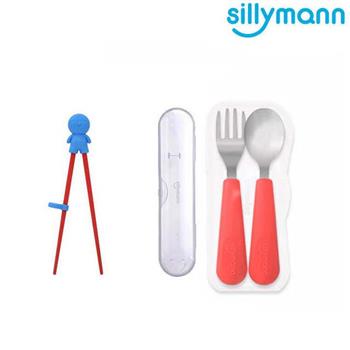 【韓國sillymann】 100%鉑金矽膠不鏽鋼幼童湯匙叉子餐具組＋學習筷超值組（附防塵盒）紅色組
