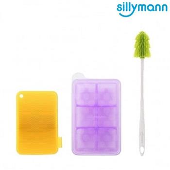 【韓國sillymann】熱銷超值三件組－副食品盒6格（50ml）紫＋洗碗刷（黃）＋奶瓶刷（綠）
