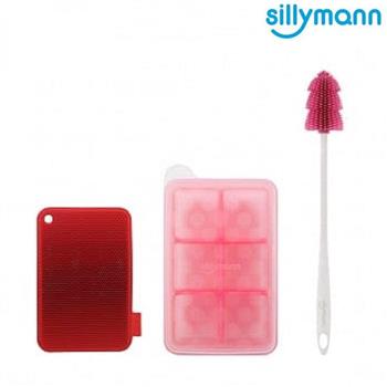 【韓國sillymann】熱銷超值三件組－副食品盒6格（50ml）粉＋洗碗刷（紅）＋奶瓶刷（粉）