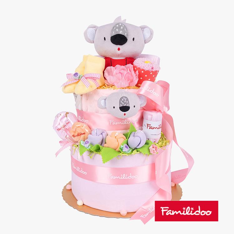【Familidoo 米多】考拉三層尿布蛋糕（粉色S號） 新生兒禮盒 彌月禮盒 滿月送禮 - S號尿布