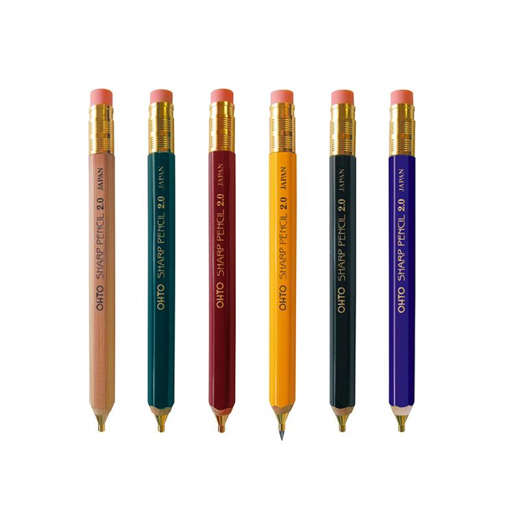 【OHTO】日本2mm復古木製粗型自動鉛筆(藍/黃/紅/黑/綠/木頭色6色可選) 附筆頭橡皮擦 - 黃色