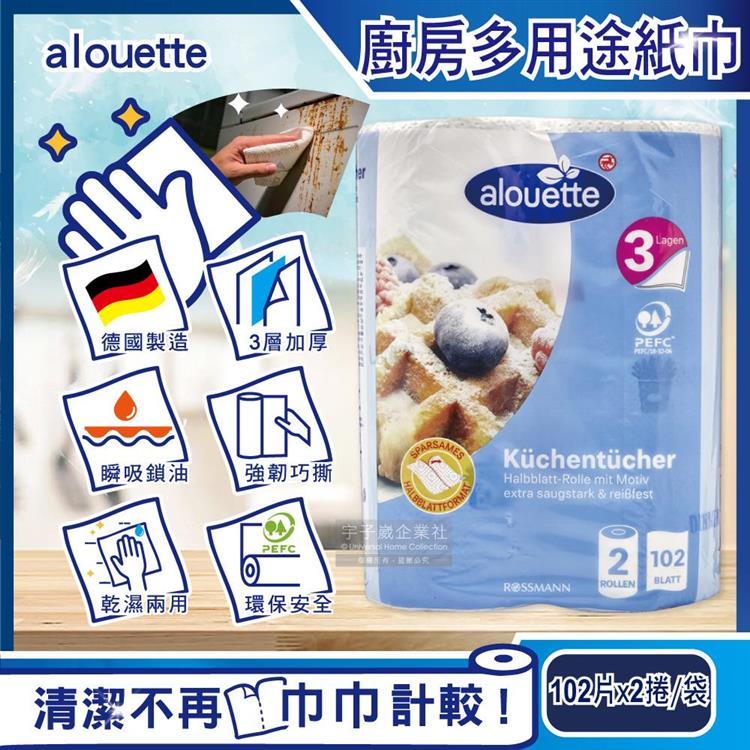 德國Rossmann－Alouette三層加厚印花壓紋吸水吸油乾濕兩用多用途廚房紙巾102片x2捲/袋（拋棄式抹布）