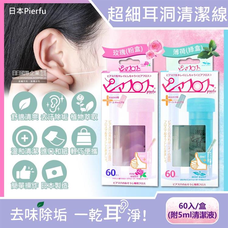 日本Pierfu-超細除垢去異味耳洞護理清潔線60入/盒-附5ml清潔液(扣式外蓋可隨身攜帶,耳用清潔線,耳洞清潔神器) - 玫瑰(粉盒)