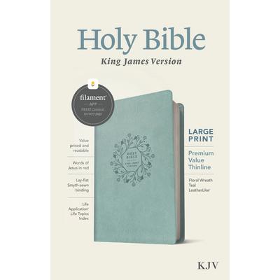KJV Large Print Premium Value Thinline Bible, Filament Enabled Edition (Red Letter, Leatherlike, Floral Wreath Teal)