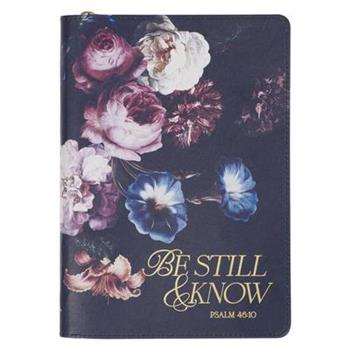 Christian Art Gifts Navy Blue Vegan Leather Zipped Journal, Inspirational Women’s Notebook Be Still Scripture, Flexible Cover, 336 Ruled Pages, Ribbon Bookmark, Psalm 46:10 Bible Verse