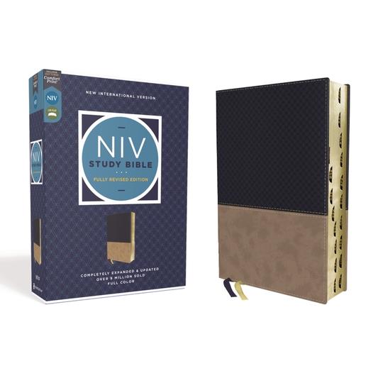 NIV Study Bible, Fully Revised Edition, Leathersoft, Navy/Tan, Red Letter, Thumb Indexed, Comfort Print